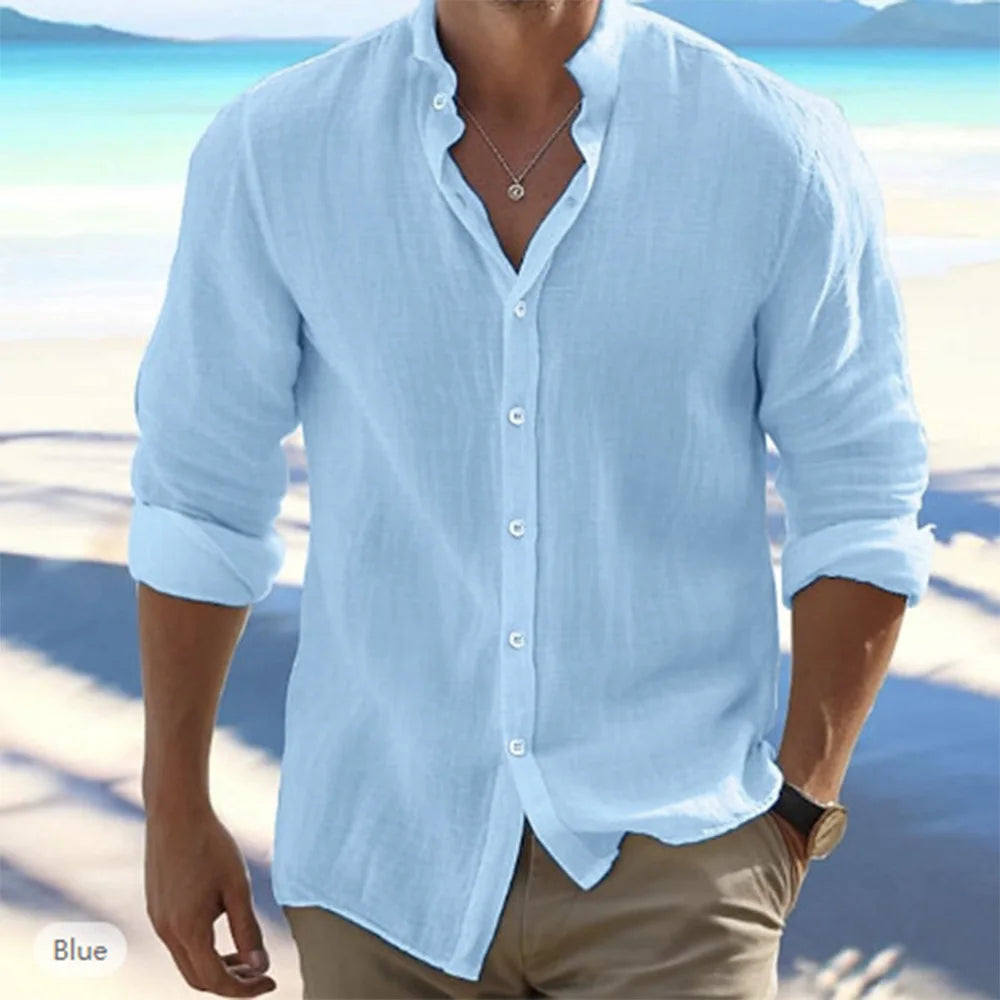 Camisas masculinas de manga comprida de algodão e linho