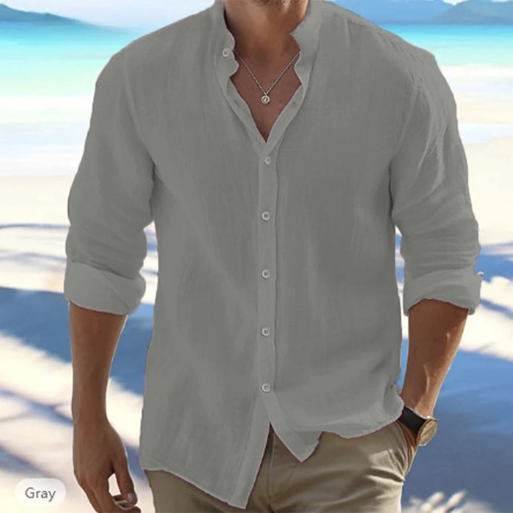 Camisas masculinas de manga comprida de algodão e linho