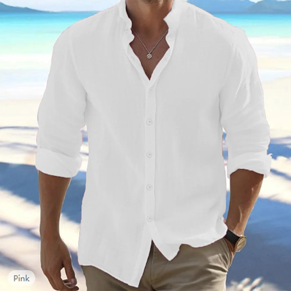 Camisas masculinas de manga comprida de algodão e linho