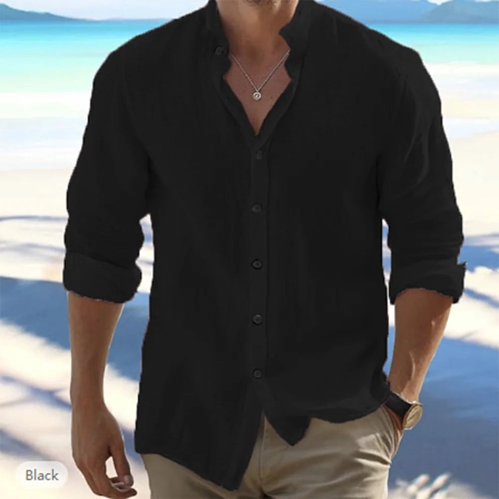 Camisas masculinas de manga comprida de algodão e linho