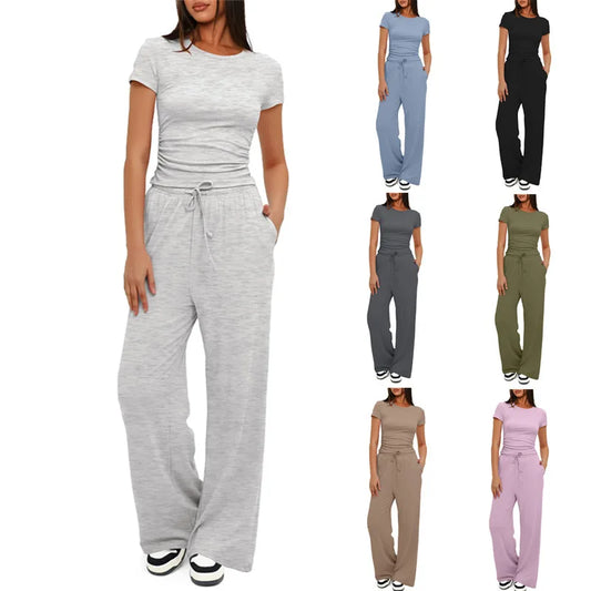 Conjunto feminino de duas peças, camiseta e calças largas