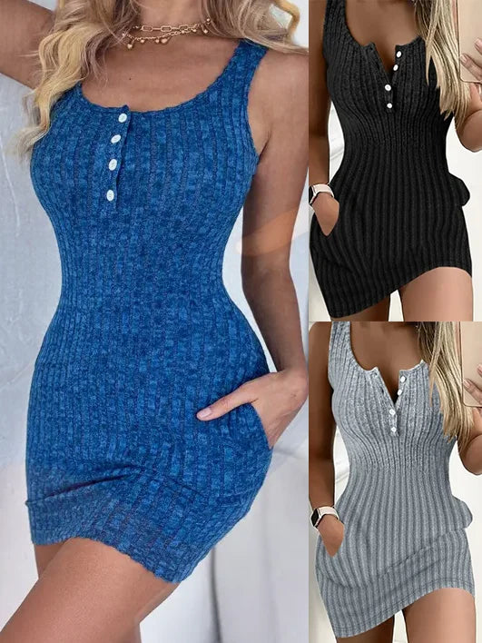 Vestido de malha sem mangas com bolsos