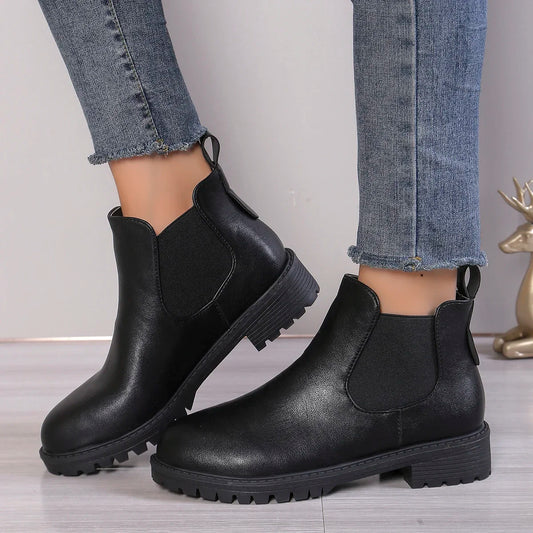 Botas casuais femininas, bico redondo, couro sintético preto, curtas e de salto baixo