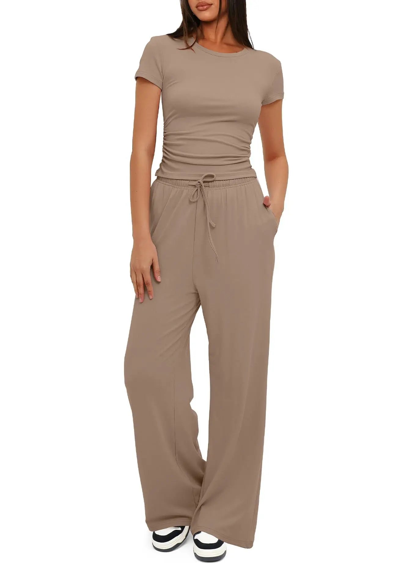 Conjunto feminino de duas peças, camiseta e calças largas