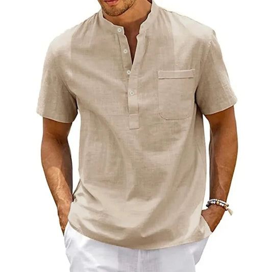 Camisa de linho de algodão masculina com bolso
